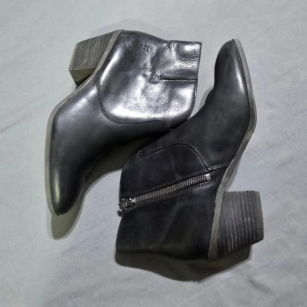 Frye Leather Ankle Boots Women 8.5 Black Block Heel Side Zip 3471729-BLK